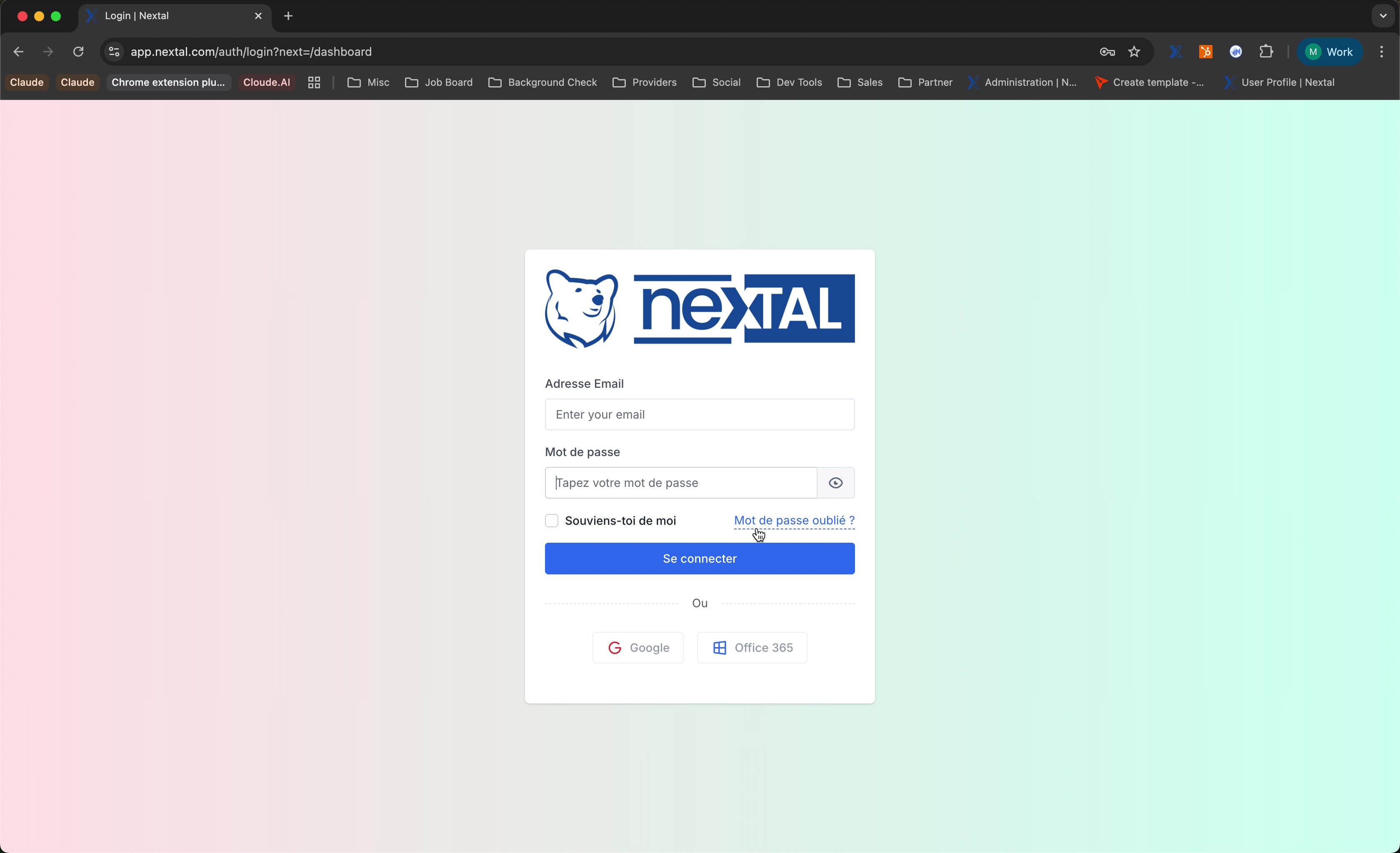 Page de connexion Nextal avec le bouton Office 365