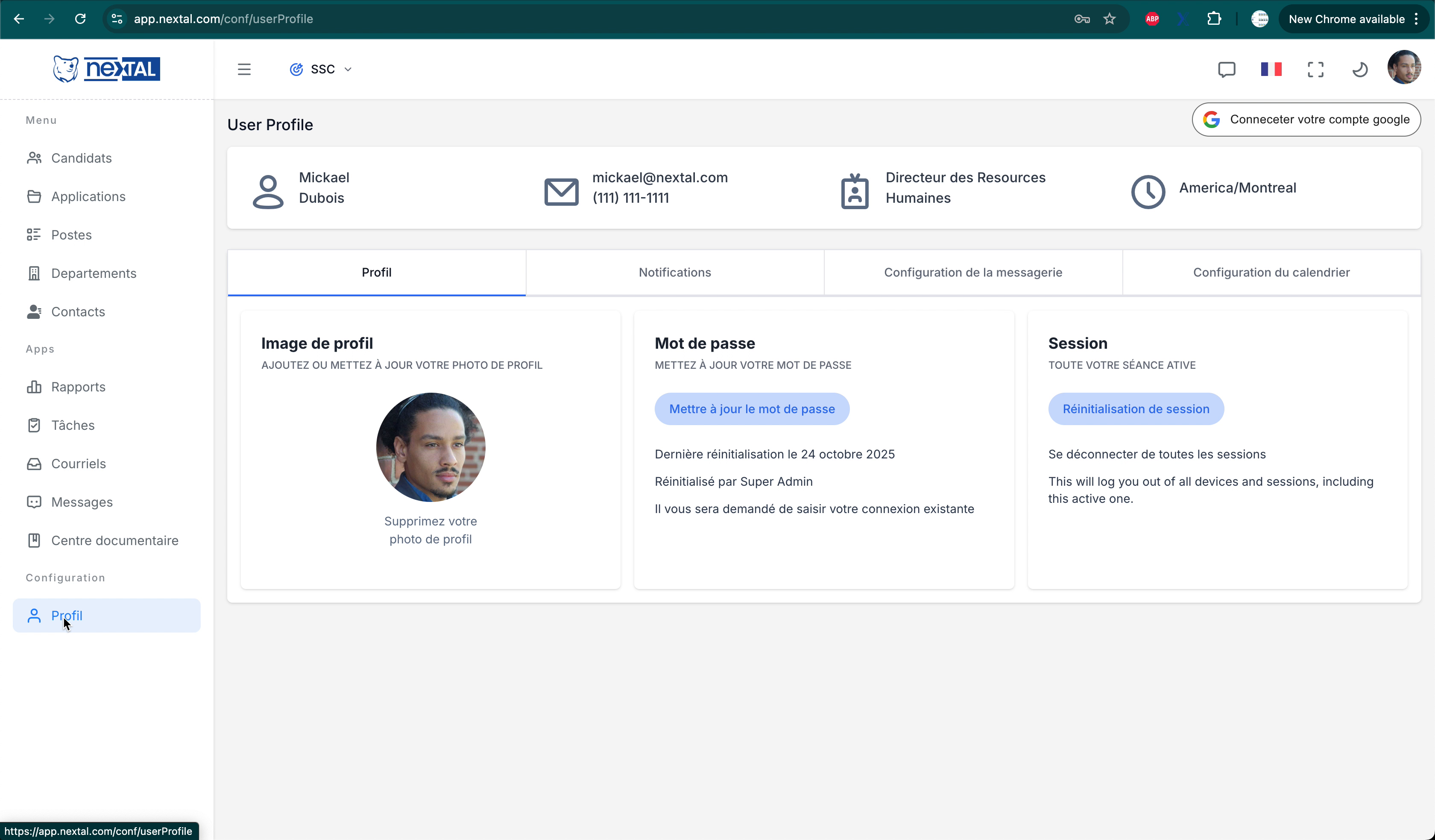Page User Profile avec onglets