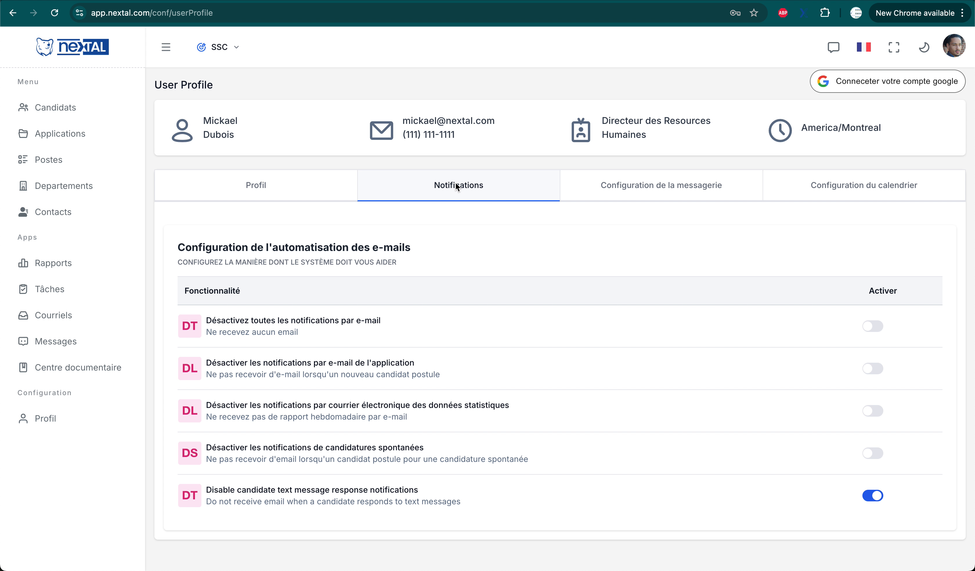 Onglet Notifications complet