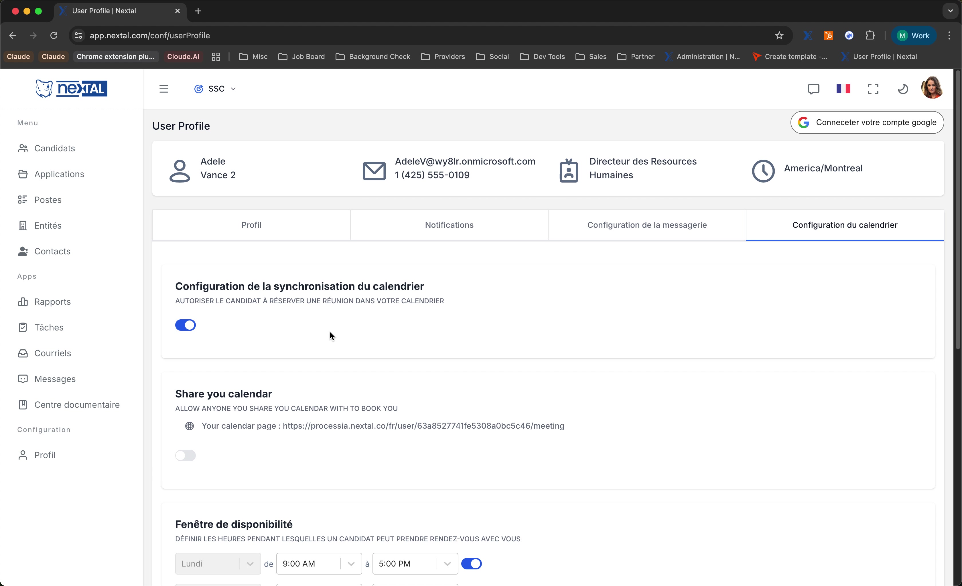 Configuration des disponibilités par jour