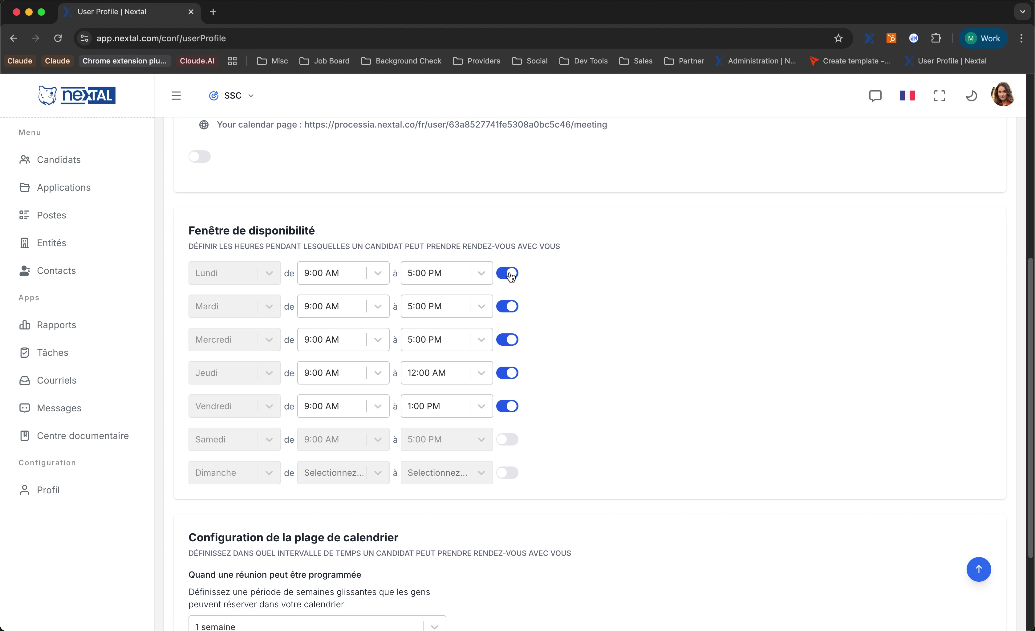 Configuration de la plage de calendrier