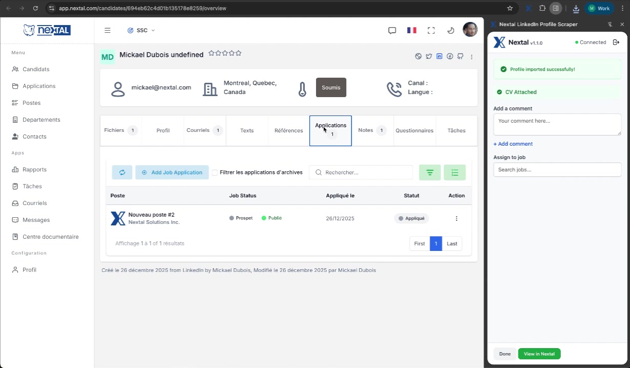 Candidat assigné à un poste