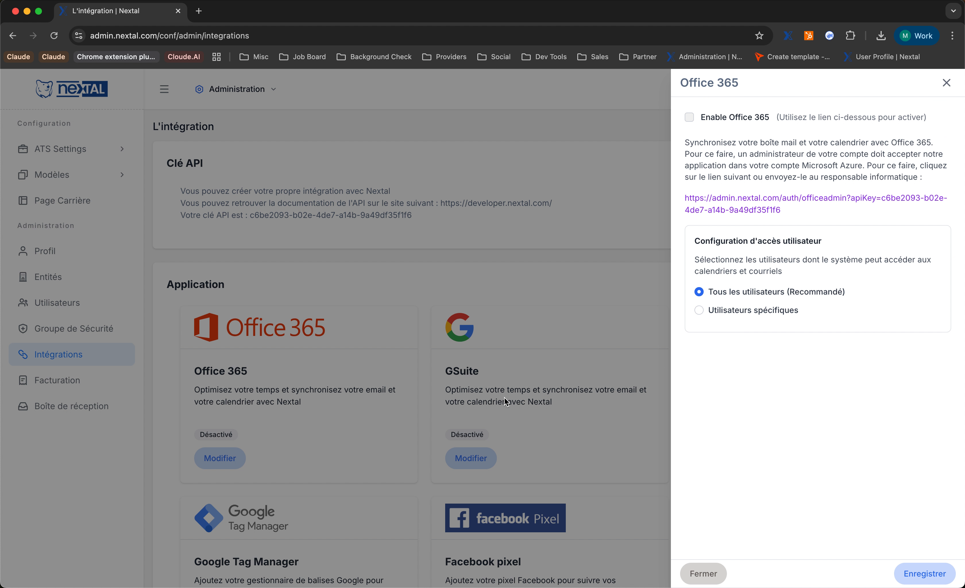 Page des intégrations Nextal avec la carte Office 365