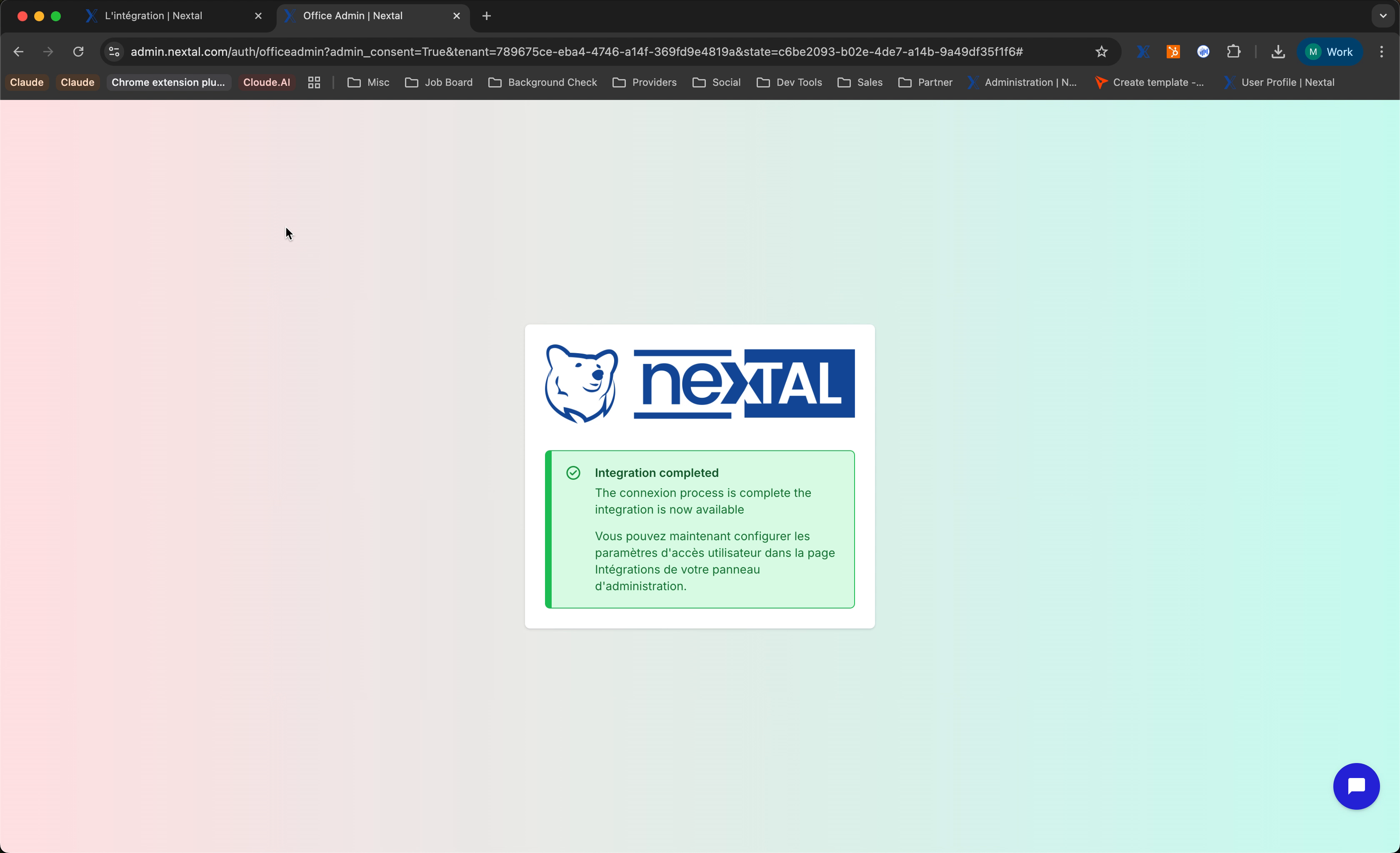 Message de confirmation d'intégration
