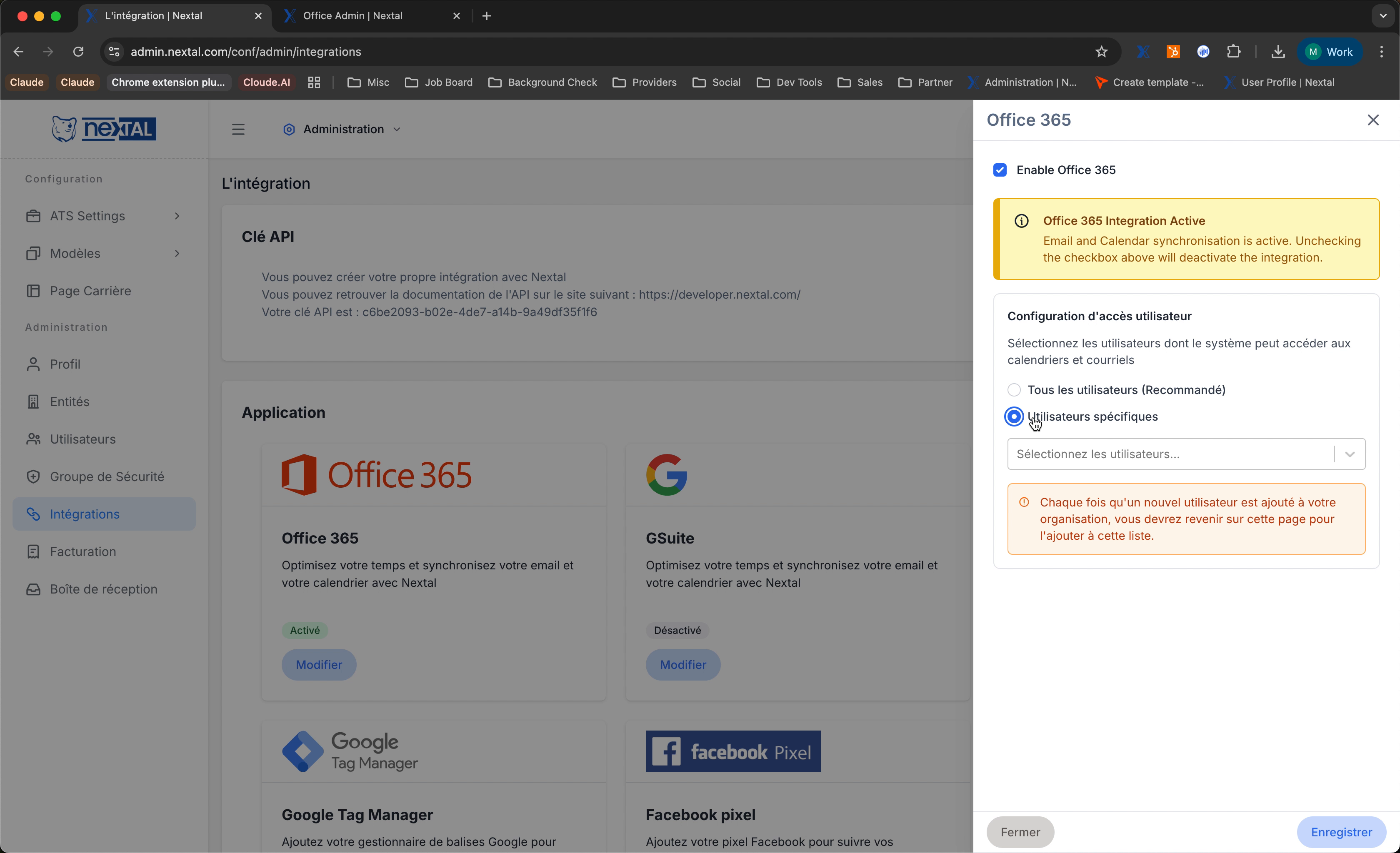 Panneau Office 365 avec intégration active
