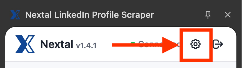 Panneau latéral de l'extension Nextal avec l'icône d'engrenage en haut à droite