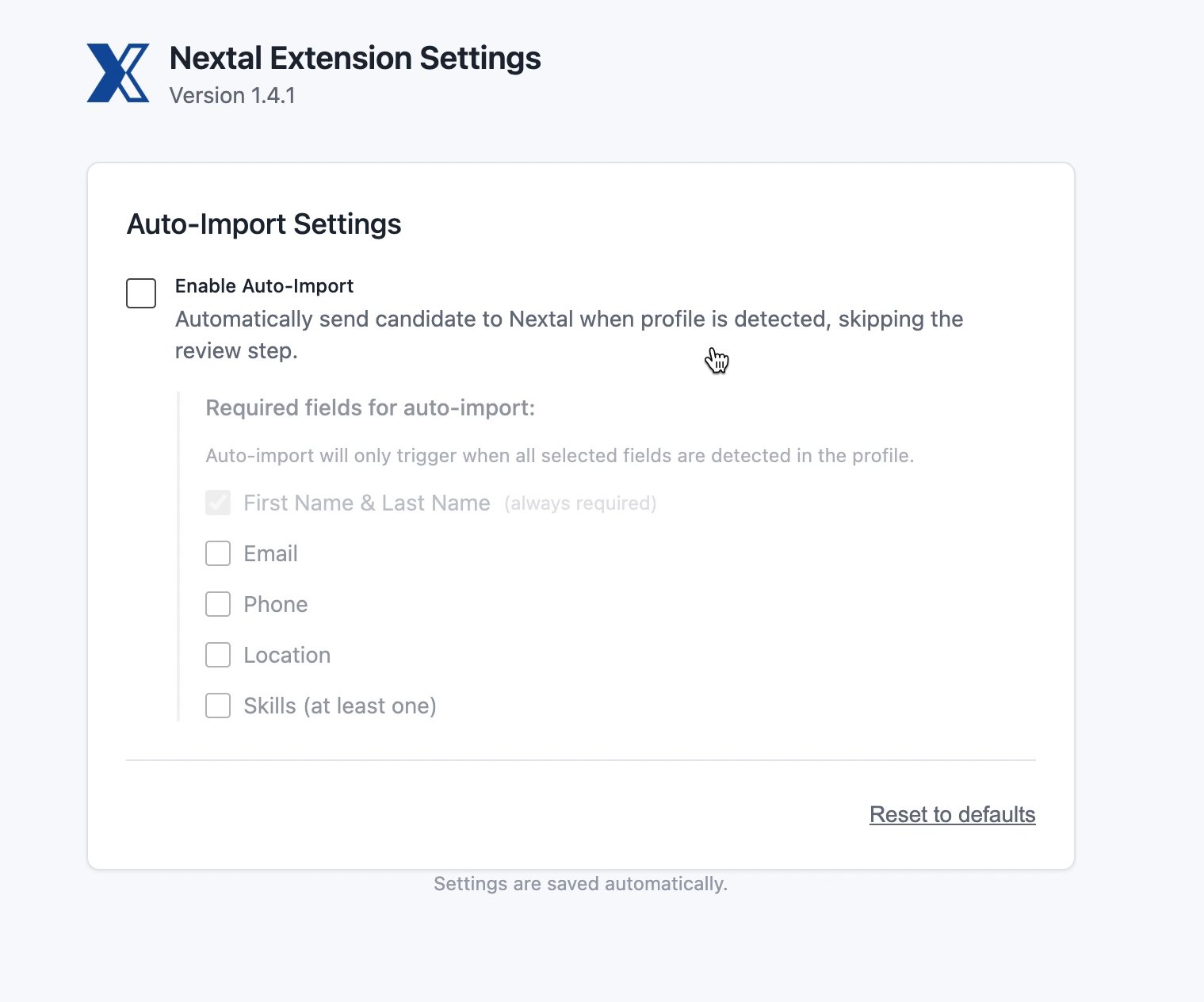 Page des paramètres de l'extension Nextal avec la section Auto-Import Settings