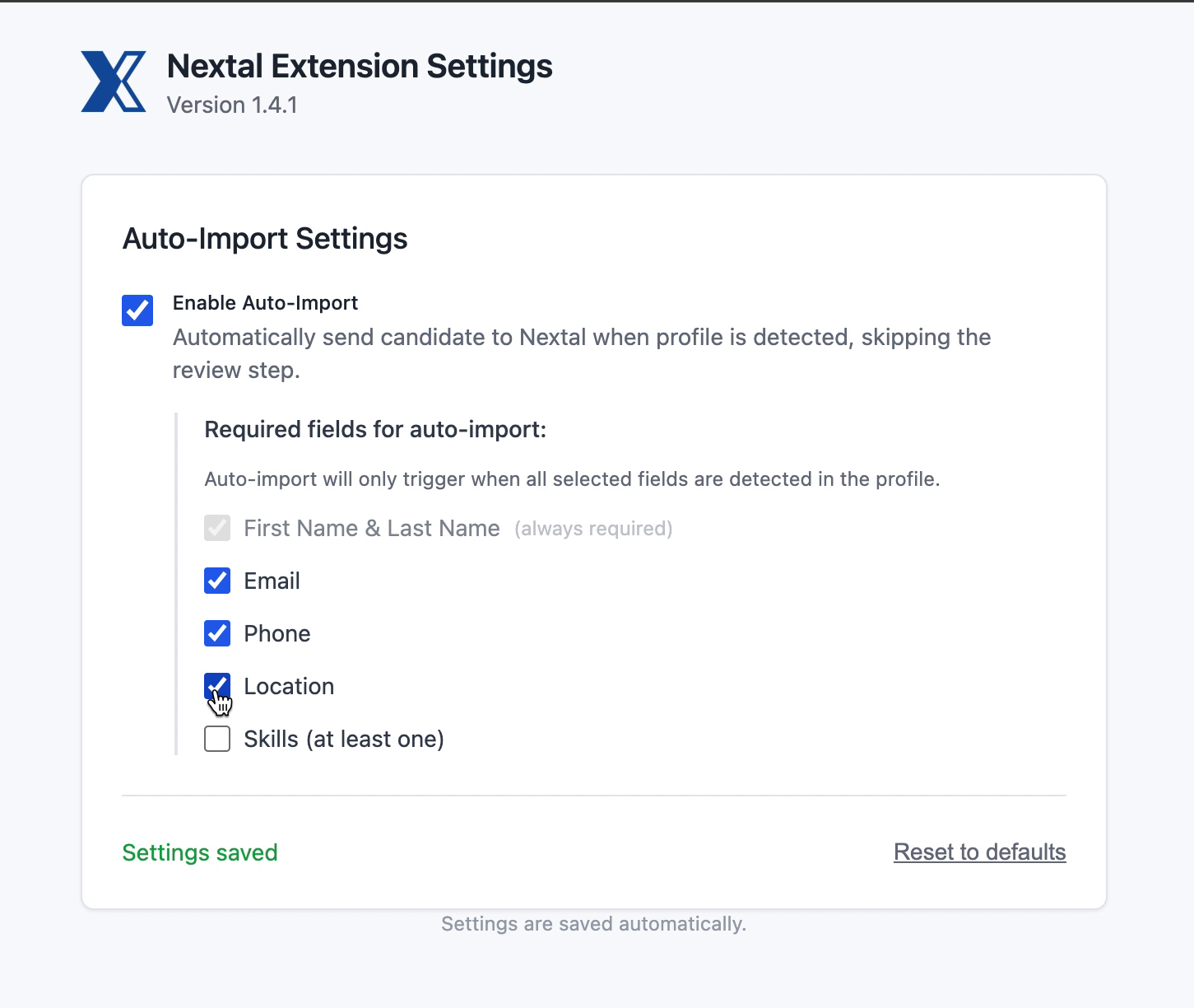 Champs requis Email, Phone et Location cochés pour l'auto-importation