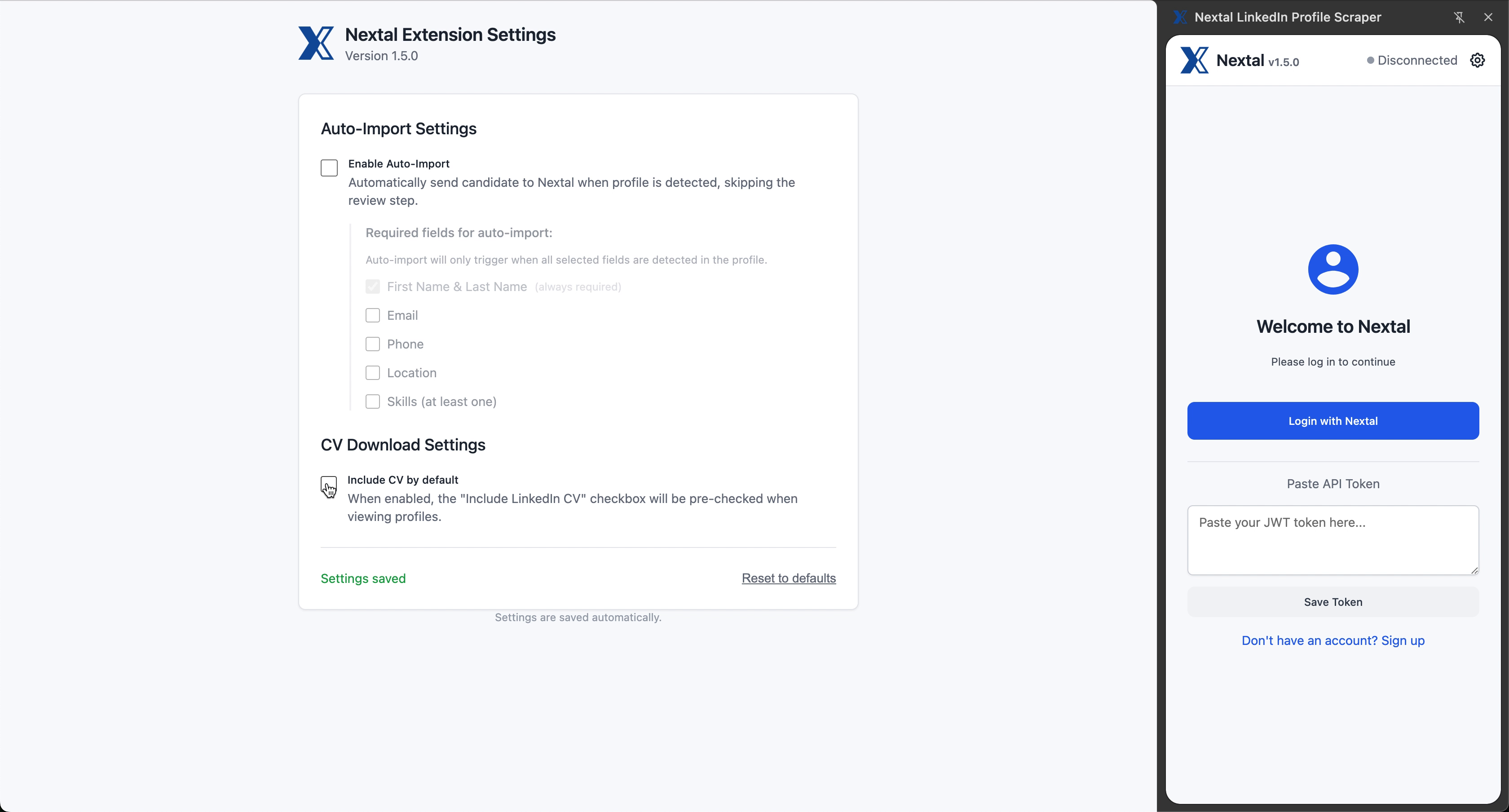 Option Include CV by default décochée avec le message Settings saved