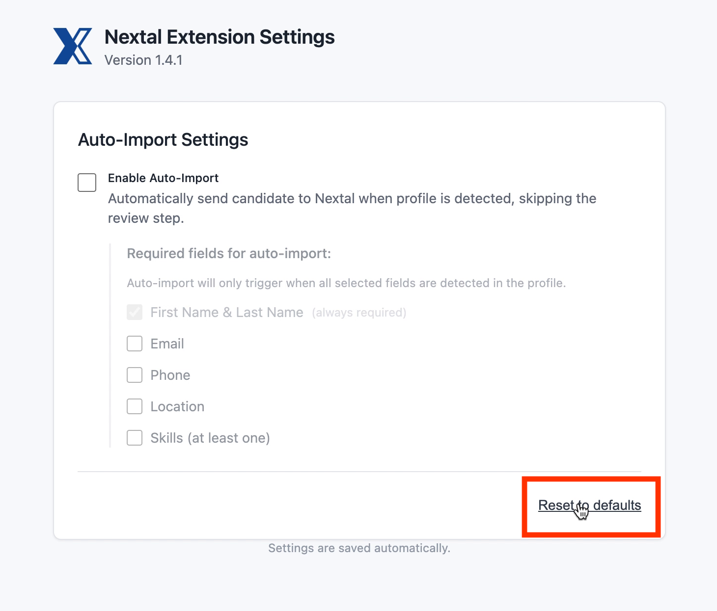 Page des paramètres après réinitialisation avec toutes les options décochées