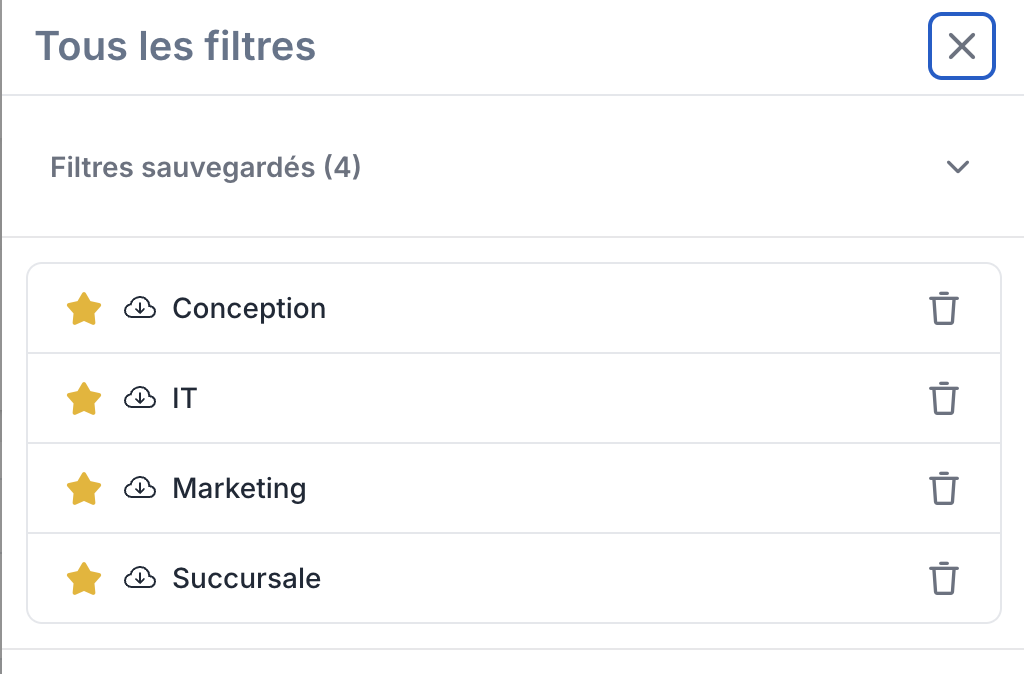 Le panneau Tous les filtres avec la section Filtres sauvegardés : chaque filtre a son nom cliquable, une étoile pour le favori et une corbeille pour le supprimer