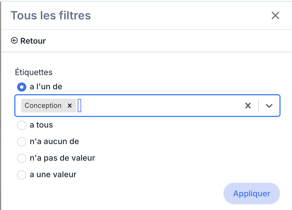 Le panneau Tous les filtres avec l'éditeur du filtre Étiquettes ouvert : les opérateurs en boutons radio et le sélecteur multivaleurs