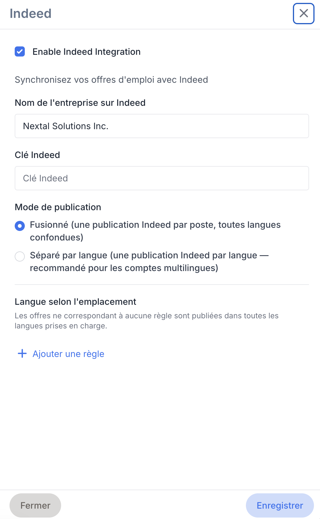 Le panneau Indeed avec la case Activer l'intégration Indeed cochée, le nom de l'entreprise sur Indeed rempli, le champ Clé Indeed, les boutons radio du mode de publication et le bouton Enregistrer.