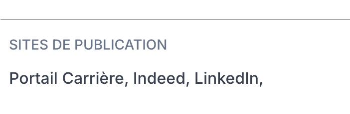 Le champ Sites de publication sur l'onglet Détail d'un poste, affichant Portail carrière, LinkedIn et Indeed comme sites sélectionnés.