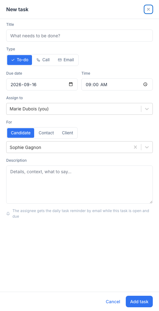 Le panneau latéral Nouvelle tâche de l’application Mes tâches : Titre, le type À faire / Appel / Courriel, Date d’échéance et Heure, Assigner à (Marie Dubois, vous), le sélecteur Pour avec les types Candidat / Contact / Client et un champ de recherche contenant Sophie Gagnon, Description, la note sur le rappel quotidien, puis Annuler et Ajouter une tâche.