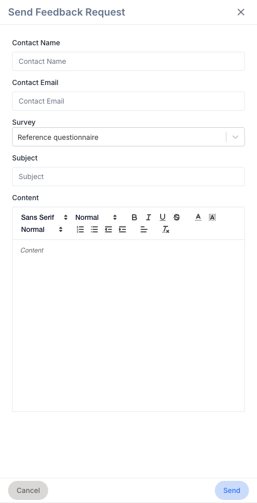Le panneau latéral Envoyer une demande de référence : Nom du contact, Courriel du contact, le sélecteur de questionnaire, l’objet et le contenu du courriel, puis les boutons Annuler et Envoyer.