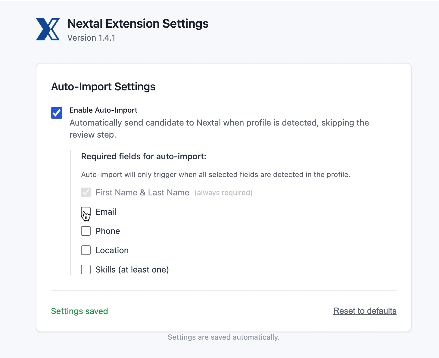 Case Enable Auto-Import cochée avec le message Settings saved