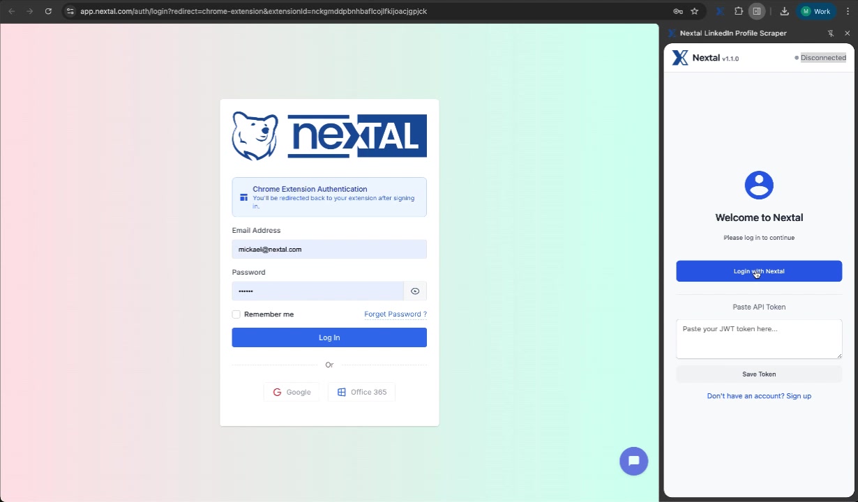 Page de connexion Nextal avec authentification Chrome Extension