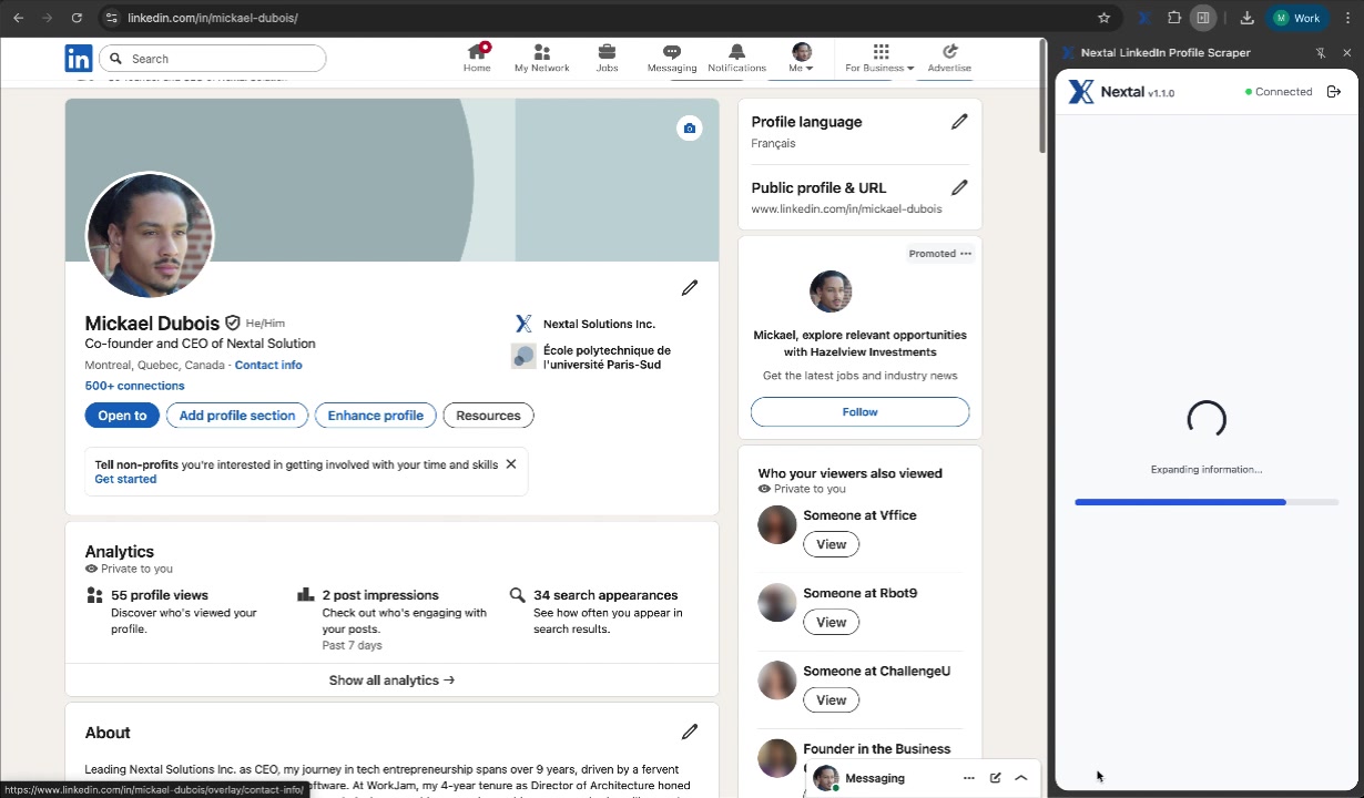 L'extension lit et collecte les informations du profil LinkedIn