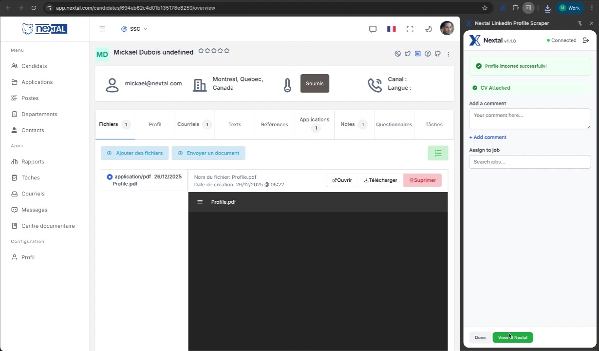 Fiche candidat complète dans Nextal avec le CV PDF attaché
