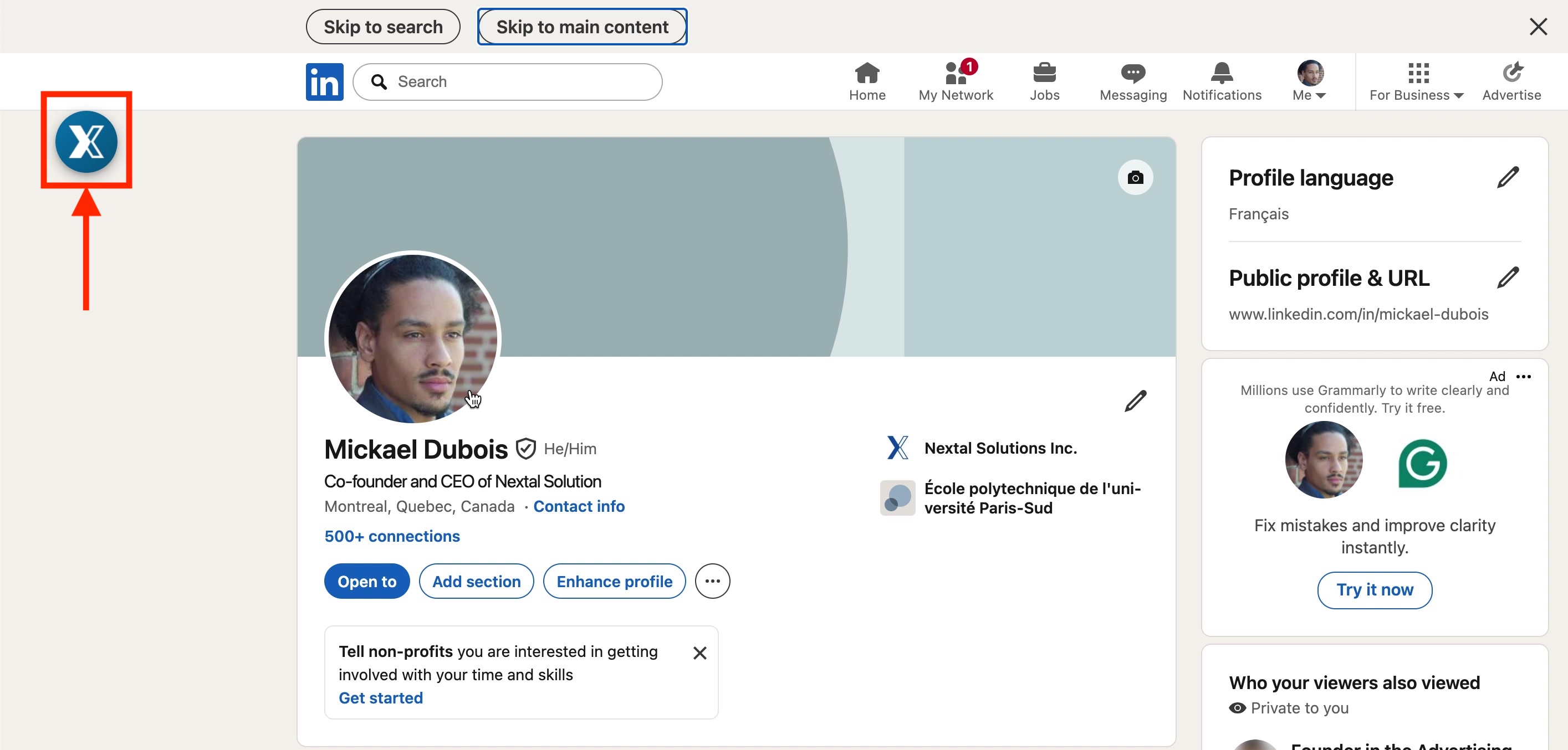 Bouton overlay Nextal apparaissant automatiquement sur les profils LinkedIn